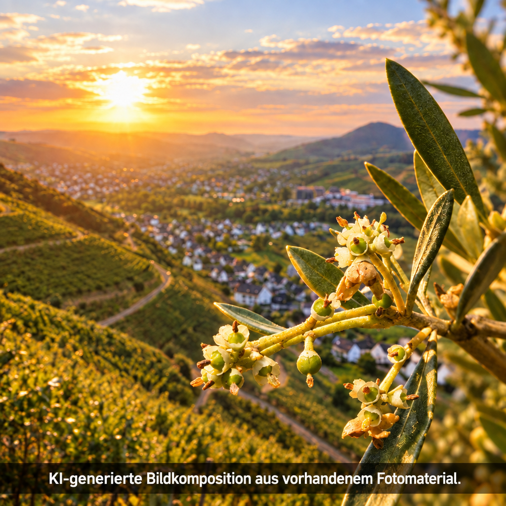 KI-generierte Bildkomposition aus vorhandenem Fotomaterial: Ahrtal-Landschaft mit blühendem Olivenzweig